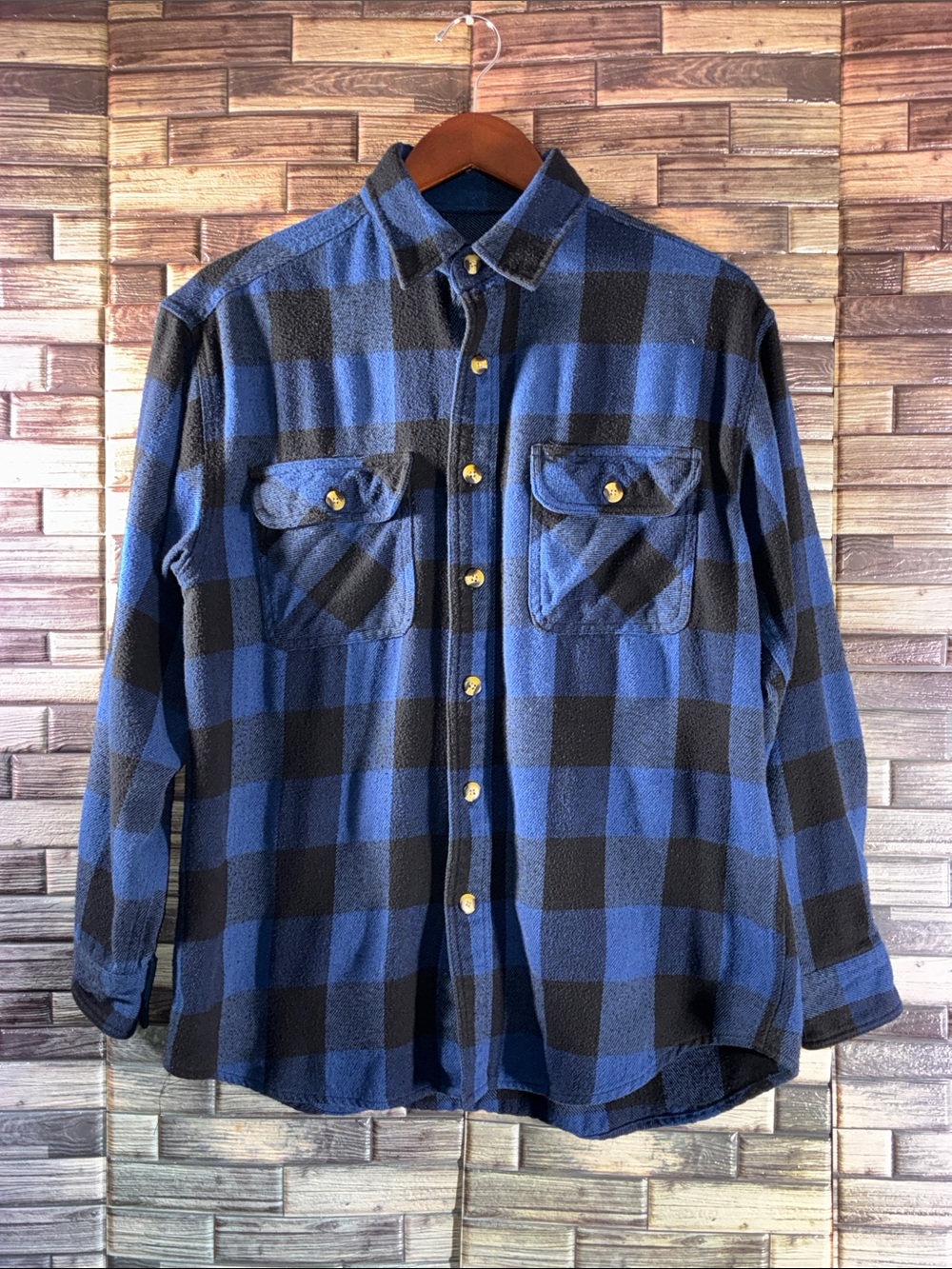 Vintage Sports Afield Medium Blue and Black Buffalo Plaid Button-Up Shacket